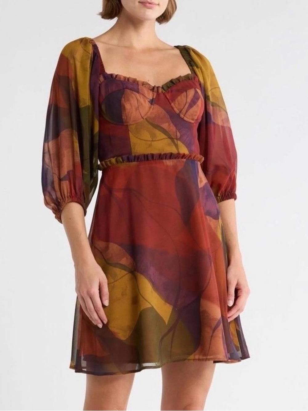 Floral Print Puff-Sleeve Mini Dress in Rust Multi